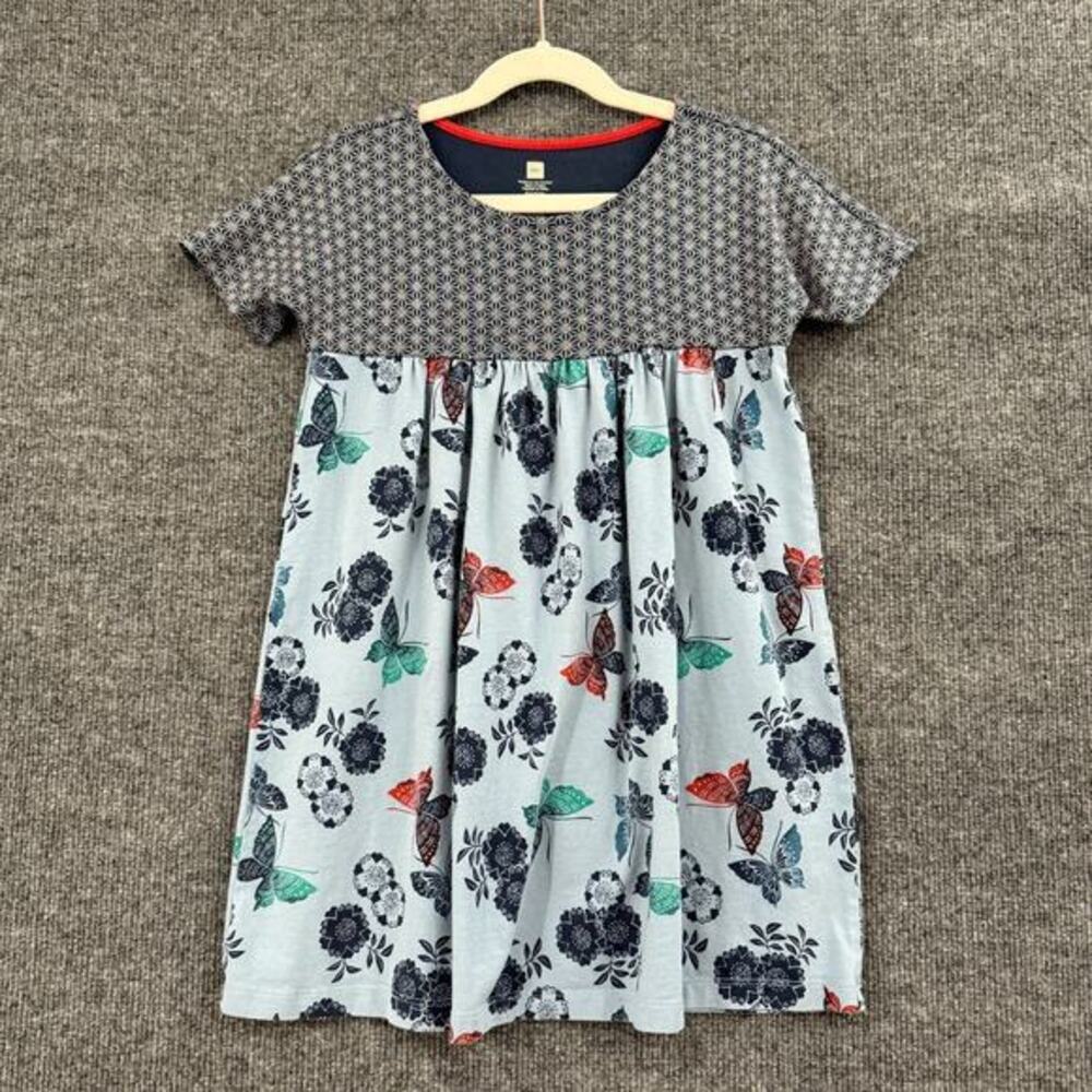 Tea Collection Girls Butterfly Empire Dress Size 6 Blue Short Sleeve Jersey Knit